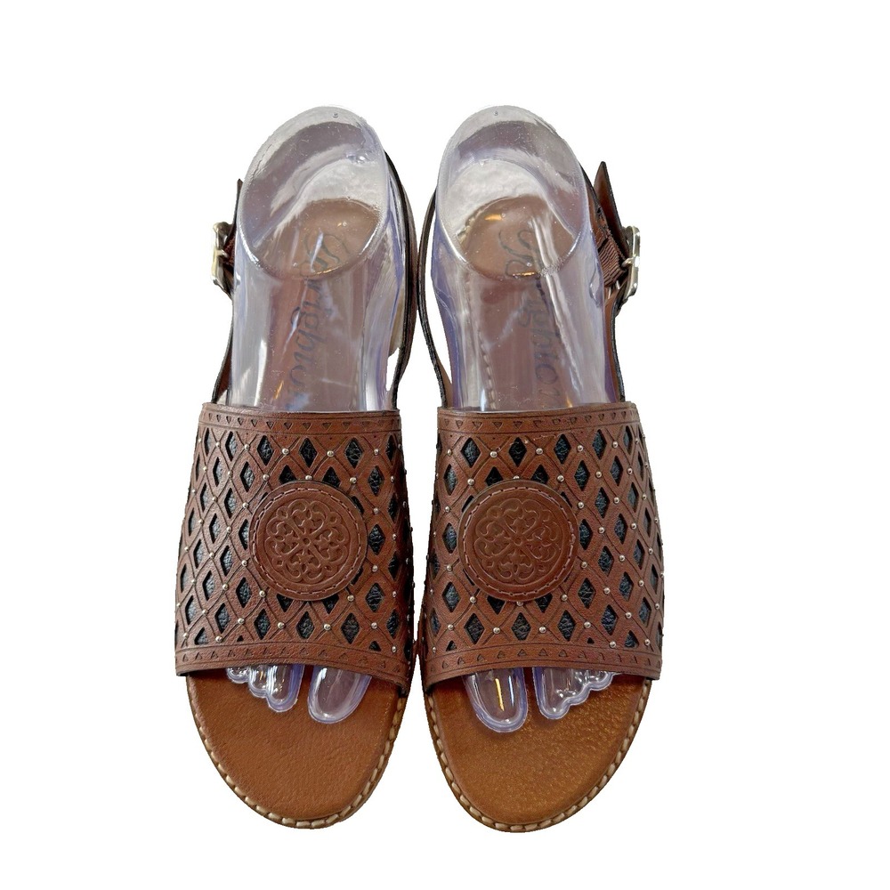 NEW Brighton Nolita Ferrara  Brown/Black Etched Flat Leather Sandals 8.5 M